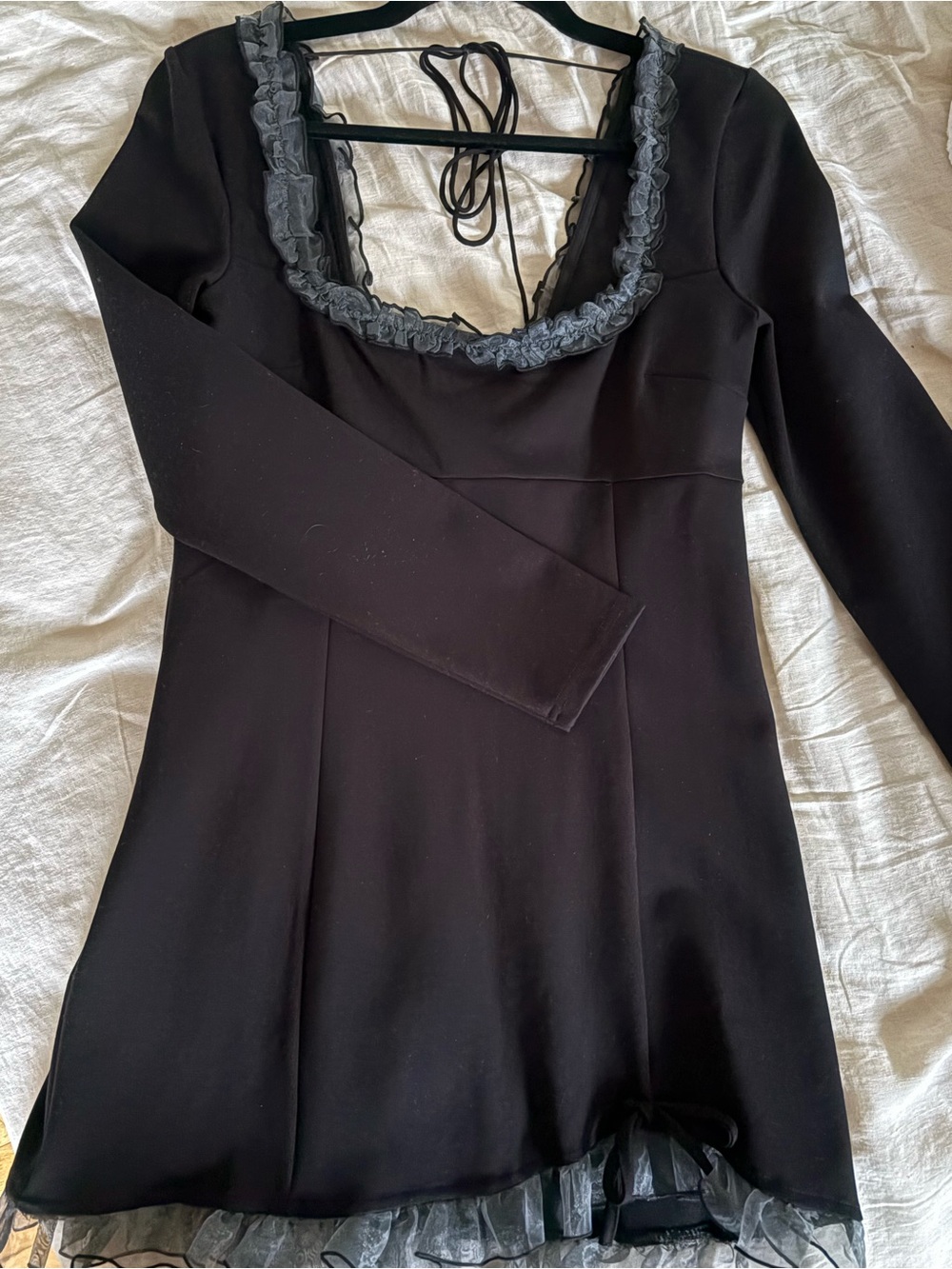 Free People Black Long-Sleeve Ruffle Trim Mini Dress NWT